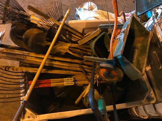 Rakes, hoes, pitch forks, shovels, push spreaders, sprayers