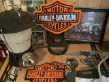 HARLEY DAVIDSON LANTERN, SMALL PLASTIC LIGHT UP, FRAMED PICTURE, EMBLEMS, AND COASTERS