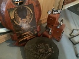 WOODEN DISPLAY WITH MOTORCYCLES, LOG WITH LOGO, AND WOODEN WALL ART
