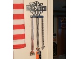 HARLEY DAVIDSON RACK WITH BEADS AND METAL SIGNS