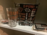 HARLEY DAVIDSON METAL BUCKET WITH COASTERS AND 4 GLASSES