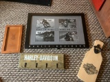 HARLEY DAVIDSON PICTURE FRAME, BOTTLE OPENER, SMALL RACK, AND WOODEN TRAY