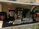 HARLEY DAVIDSON GLASSES/CUPS SET WITH COASTERS, DICE SET, AND TOWEL