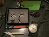 HARLEY DAVIDSON POCKET WATCH, WINE CHARMS, RING, PLIERS, AND PEN