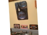 SLATE WALL ART AND 3 DECORATIVE LICENSE PLATES