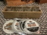 HARLEY DAVIDSON SMALL GLASSES ON WOODEN RACK AND COASTERS