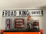 HARLEY DAVIDSON GLASS BLOCK DECORATIONS, THERMOMETER, AND STREET SIGN