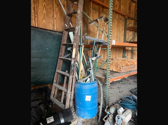 WOODEN LADDER/ BARREL OF HAND TOOLS
