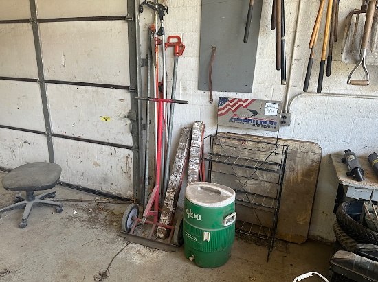 BATTERY STAND, POLE SAWS, SAWHORSES, COOLER