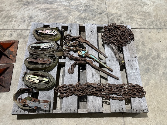 PALLET OF RATCHET STRAPS, CHAINS, AND BINDERS
