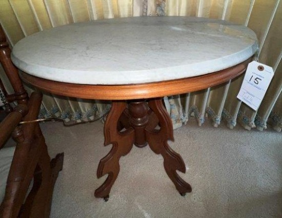 Walnut Oval Marble Top Stand Table - ornate