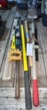 2 shovels, spade, maul, rake, 4' level, saw