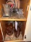 2 Shelves - glass basket, etched glass vase,