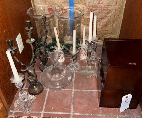 Lot - Candlestick Holders, Glass Flask