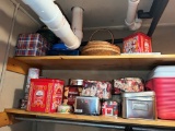 tins, ext. cords, cooler, saws, 2-floor lamps, walker