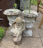 2 Lg. planters & cement angel statue