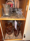 2 Shelves - glass basket, etched glass vase,