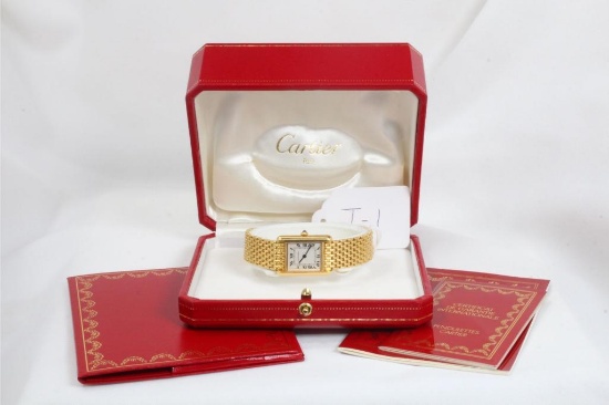 Cartier Small Louis Tank Quartz 18k Yellow Gold 'Grain de Riz' Mesh Bracelet Wristwatch