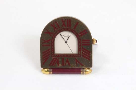 Cartier "Romane" Gold Toned Brass and Red Lacquer Travel Clock