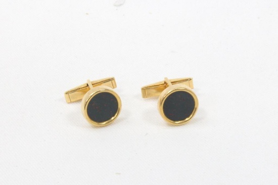 14k Yellow Gold Pair of Round Bezel Bloodstone Cufflinks