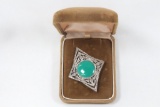 18.2 gram Sterling Silver broach stamped BENKAY 218 set with Marcasite and 22 mm rd Chrysoprase