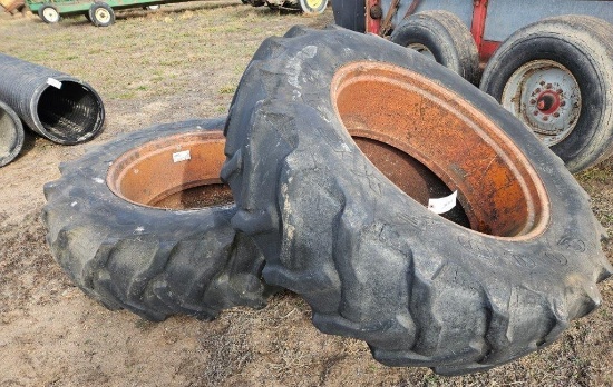Pr of 18.4x38 clamp on duals w/6 clamps, poor tires