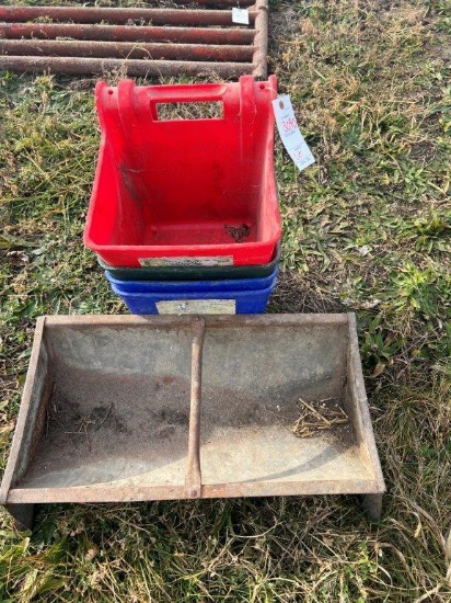 4-gal plastic hanging buckets and 2' galvanized hog trough