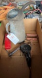 Lot - oil can, hay hook, hitch pin & rain cap