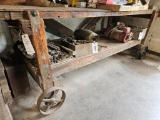 wooden shop bench on steel casters