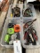 Lot of 4 tubs incl tape measures, chalk line, side cutters, pliers, putty knives, small vise