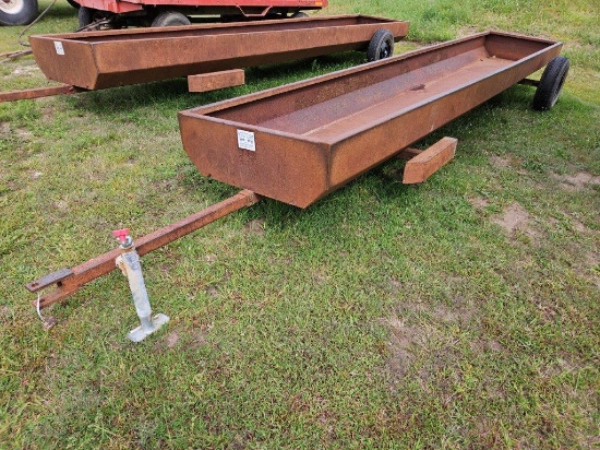 Steel feed bunk on wheels w/ stands, 20' x 43"
