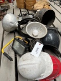 Lot of various lights (hanging, trouble), hard hats, welding helmet