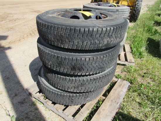 (4) 10R22.5 Tires on Hub Pilot Wheels