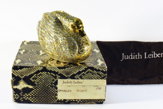 JUDITH LIEBER Gold SWAN Swarovski Crystal Minaudiere EXCELLENT CONDITION