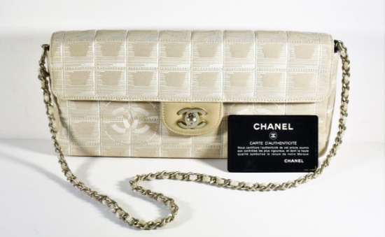 CHANEL Light Beige Signature Canvas Travel Ligne Flap Bag LIKE NEW CONDITION