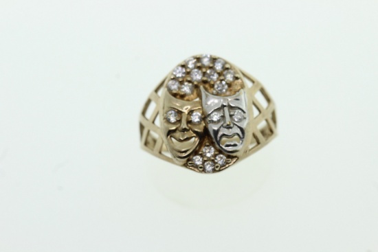 COMEDY & TRAGEDY MASK 10K RING WITH CZ 's