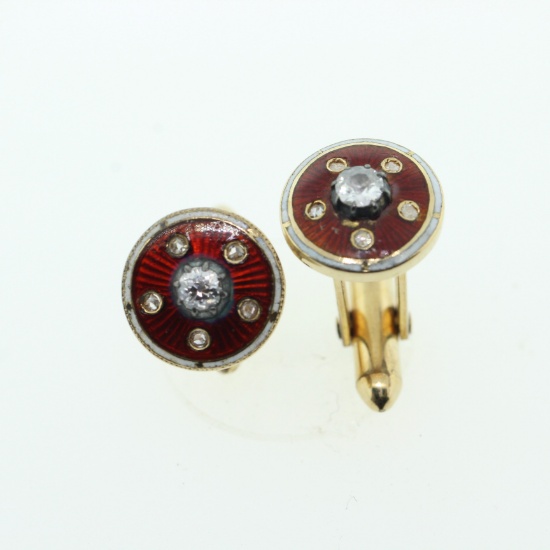 0.40 TCW DIAMOND, RED & WHITE ENAMEL GOLD LADIES CUFFLINKS