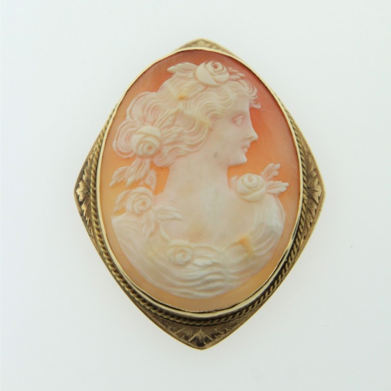 1930'S VINTAGE CARVED ITALIAN SHELL CAMEO BROOCH IN 14K YELLOW GOLD FRAME
