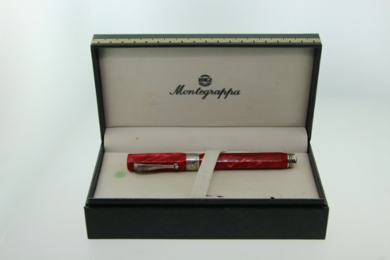 MONTEGRAPPA SYMPHONY 1912 STERLING SILVER RED CELLULOID ROLLERBALL PEN