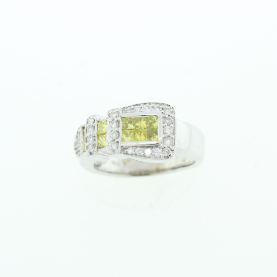 YELLOW & WHITE 0.70 TCW DIAMOND 18K WHITE GOLD BUCKLE RING