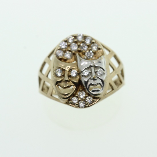COMEDY & TRAGEDY MASK 10K RING WITH CZ 's