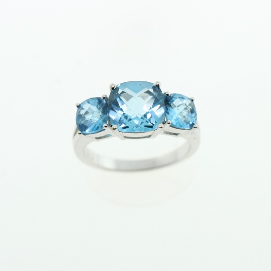 4.53 TCW CUSHION CUT BLUE TOPAZ PAST PRESENT FUTURE 14K WHITE GOLD RING