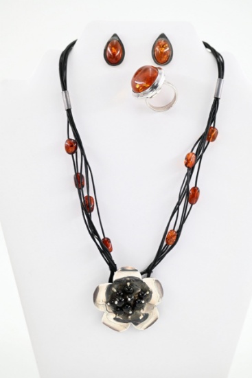 Baltic Amber Sterling Silver Suite with Earrings, Ring, and Floral Pendant Cord Necklace