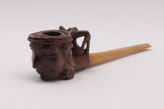 Carved Wood Figural Pipe with Pierced Handle