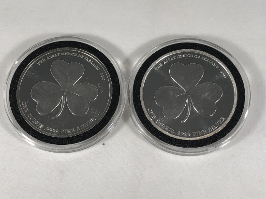 Two 1 Oz. The Assay Office of Ireland Lucky Shamrock Clover .9999 Fine Silver round