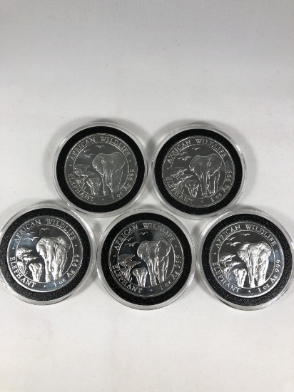 FIVE 2015 1 Oz. African Wildlife Elephant Somali Republic 100 Shillings .999 Fine Silver rounds.