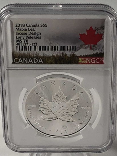 2018 Canada S$5 Silver Maple Leaf .9999 Fine Silver Incuse Design NGC MS70
