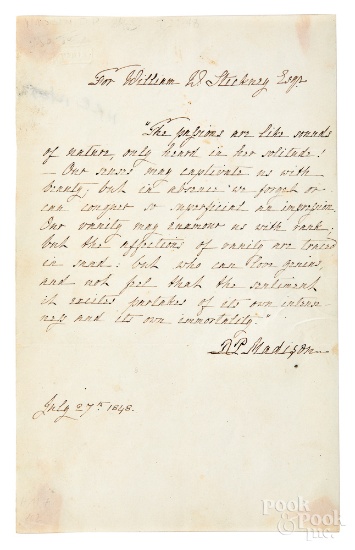 Dolley Madison autographed poetic quotation, 1848