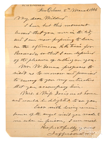 Jefferson Davis signed hand written letter