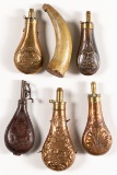 Four brass powder flasks